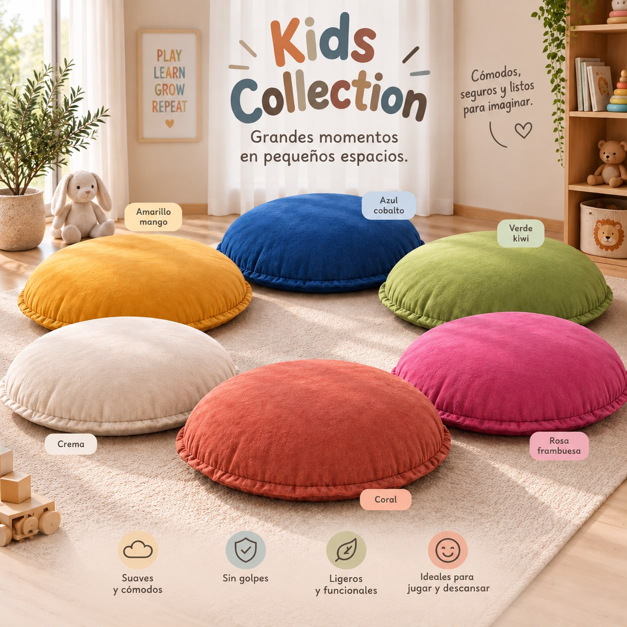 Colección de seis puffs infantiles en amarillo mango, azul cobalto, verde kiwi, crema, coral y rosa frambuesa